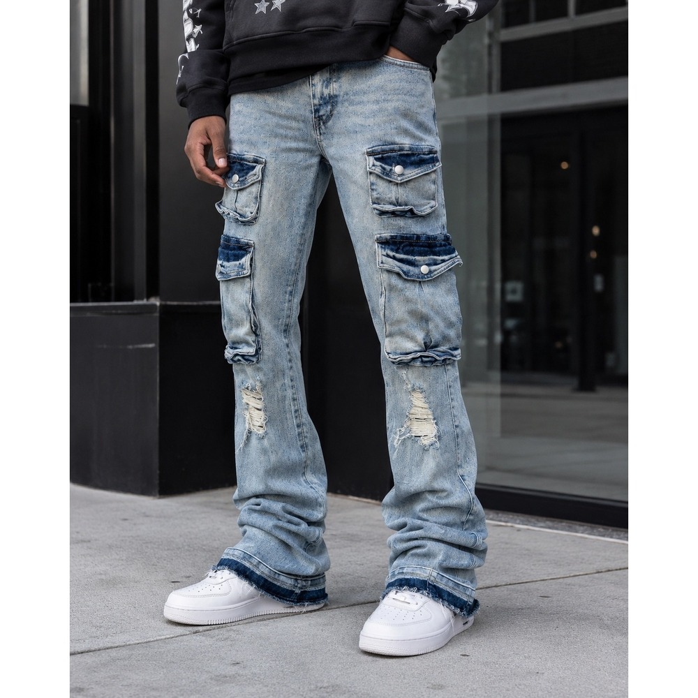 Vicious Denim Mens 32x38 Stacked Cargo Jeans Light Wash Distressed Raw Hem